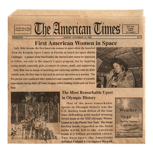 A Choice kraft newsprint deli wrap and double open bag on a counter.