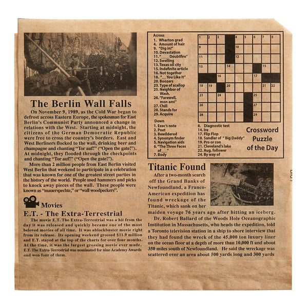 A Choice kraft newsprint deli wrap with a crossword puzzle on it.