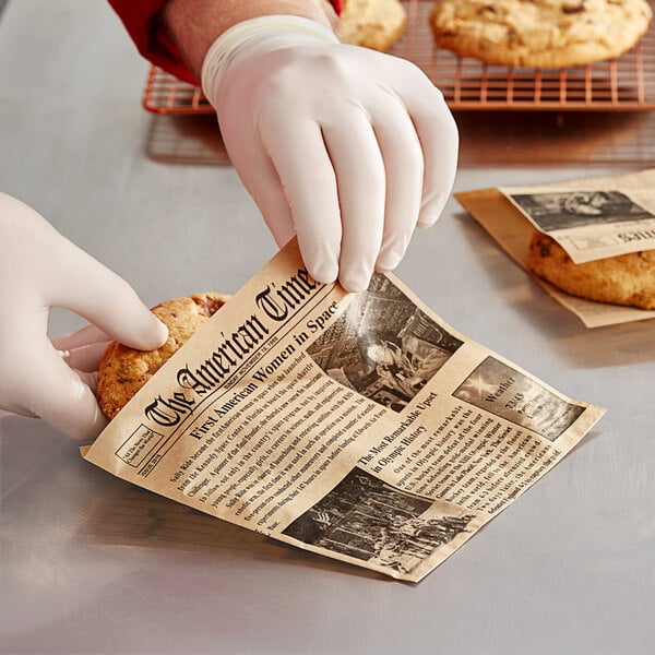 A person in gloves using a Choice kraft newsprint double open bag to wrap a cookie on a bakery counter.