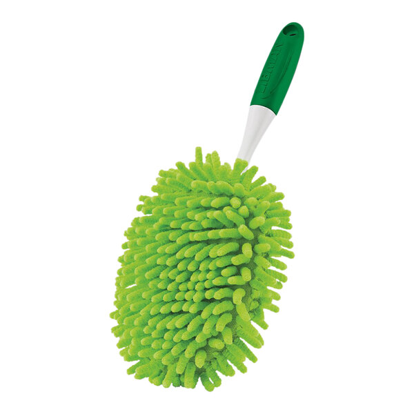 A green and white Libman microfiber duster with a green handle.