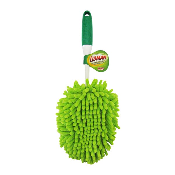 A green microfiber duster with a white and green handle.