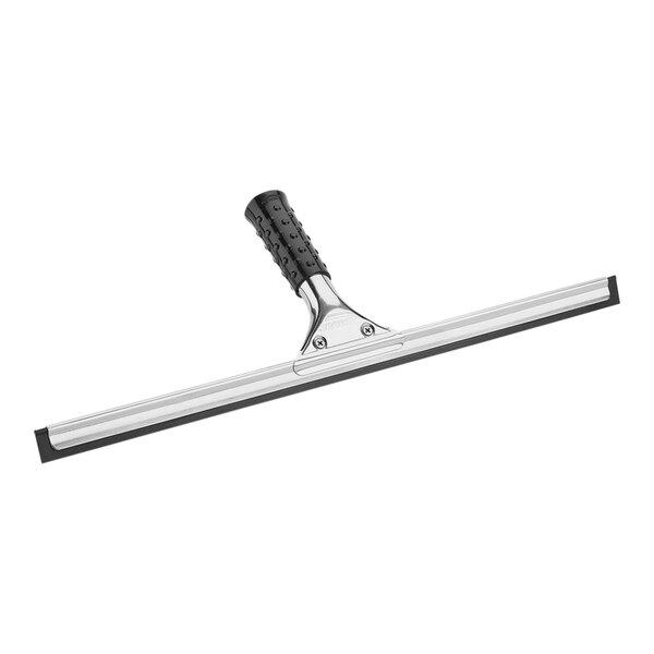 A close-up of a Libman stainless steel squeegee with a black handle.