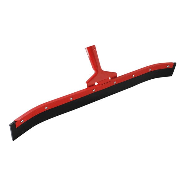 A red and black Libman curved floor squeegee with a handle.