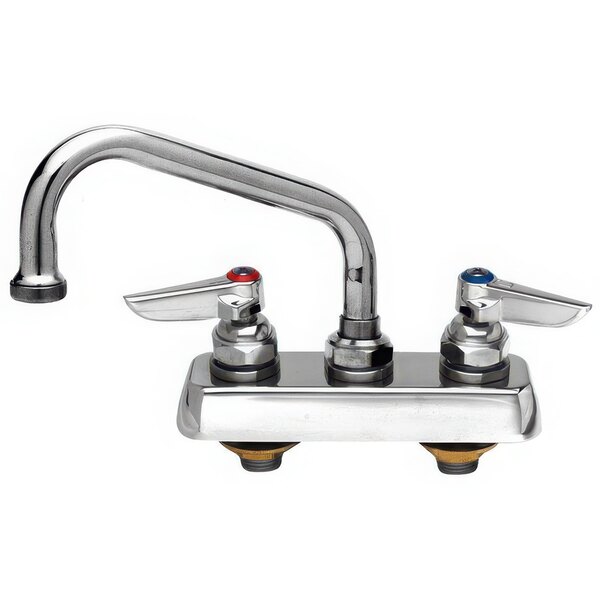A silver T&S deck-mounted workboard faucet with two handles and a 12" swing nozzle.