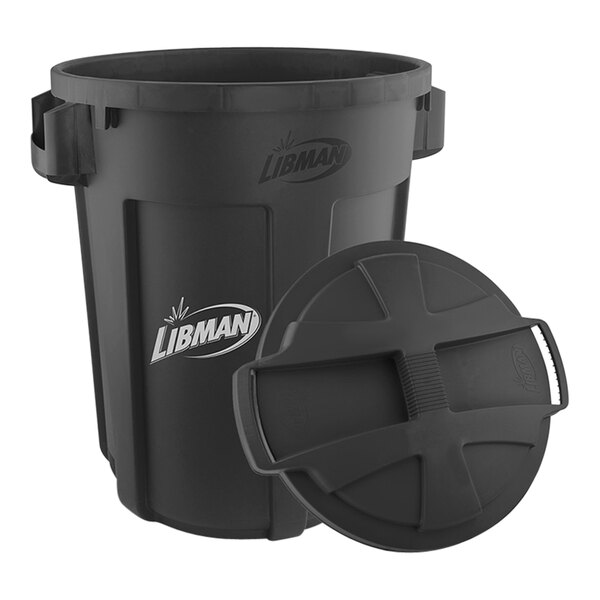 A black plastic Libman trash can with a rounded lid.