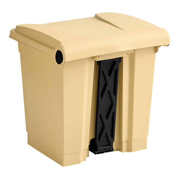 A beige rectangular Lavex step-on trash can with a black lid.