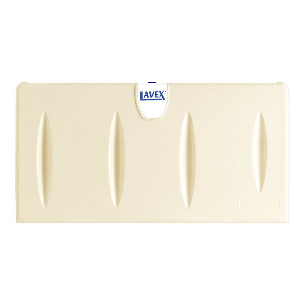 A white rectangular Lavex baby changing station with three ovals.