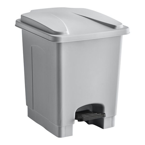 A gray Lavex rectangular step-on trash can with a lid.