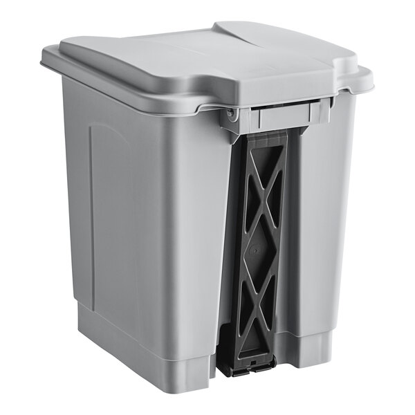 A gray rectangular Lavex step-on trash can with a lid and handle.