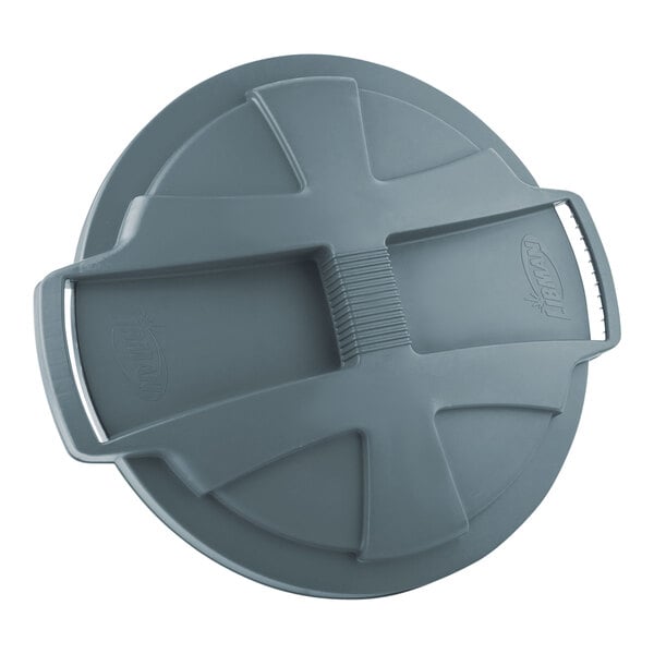 A gray plastic Libman trash can lid with a handle.