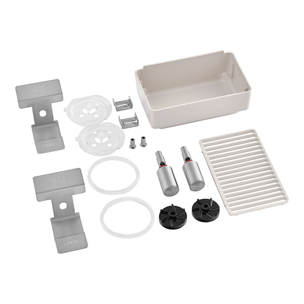 A white rectangular box containing round plastic bowls, lids, and metal clips.