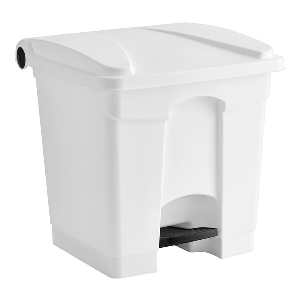 A white plastic Lavex step-on trash can with a black handle.