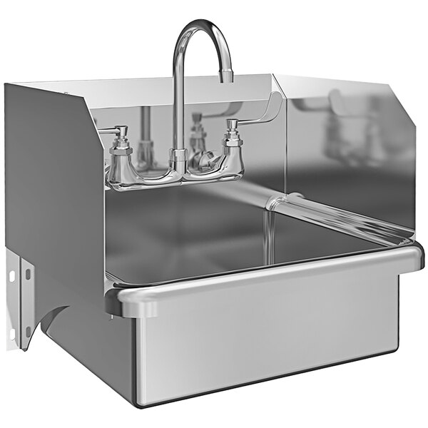 A Sani-Lav stainless steel wall-mounted hand sink with a faucet and side splashes.