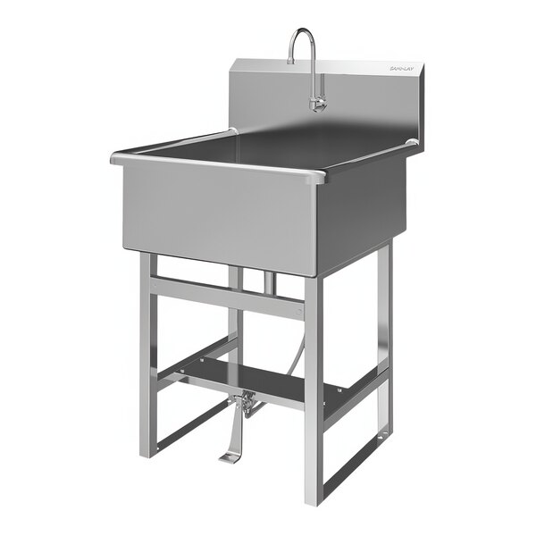 A large stainless steel Sani-Lav floor-mounted utility sink with a foot-operated faucet.