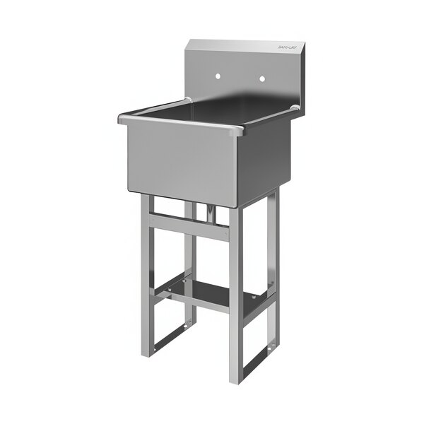 A Sani-Lav stainless steel floor-mounted utility sink with a sink in the middle.