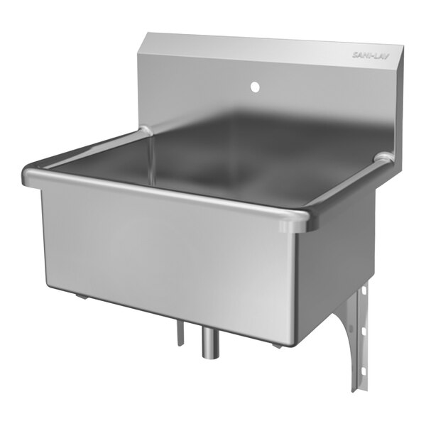 A Sani-Lav stainless steel wall-mounted scrub sink with a single faucet hole.