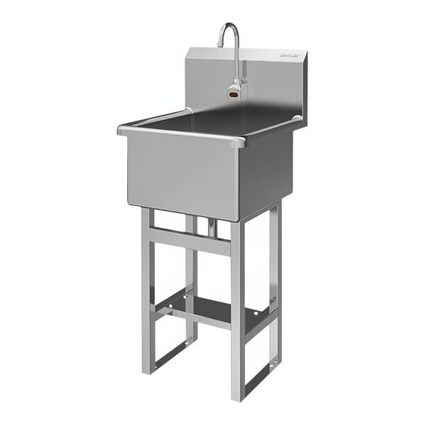 A stainless steel floor-mounted Sani-Lav utility sink with a faucet.