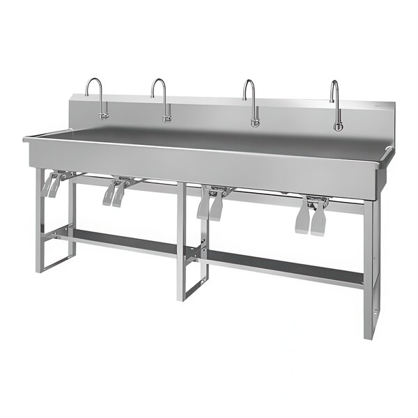 A large stainless steel Sani-Lav multi-station hands-free sink with (4) double knee-operated faucets.