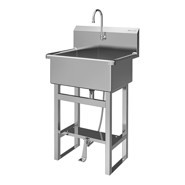 A large stainless steel Sani-Lav utility sink with a foot-operated faucet.