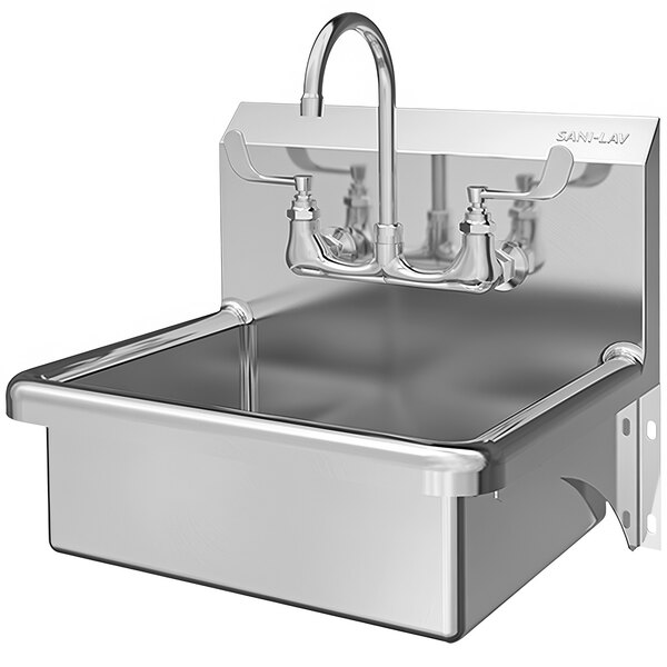 A Sani-Lav stainless steel wall-mounted hand sink with a faucet.