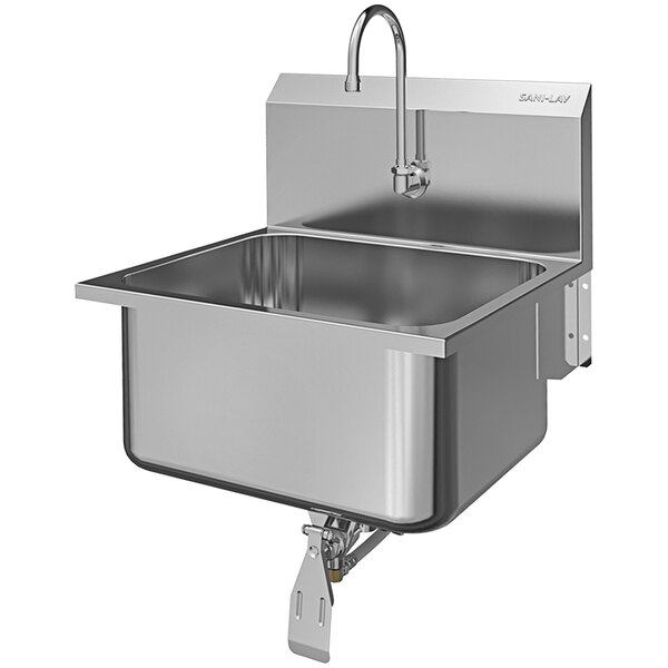A stainless steel Sani-Lav wall-mounted utility sink with a faucet.