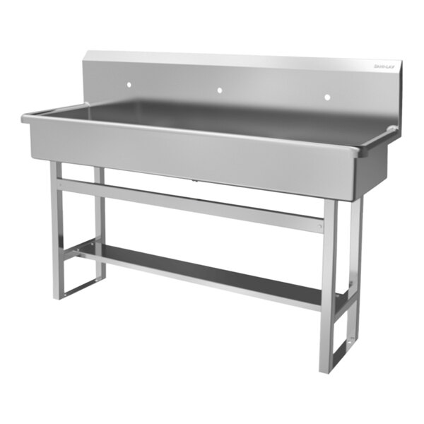 A stainless steel Sani-Lav floor-mounted multi-station hand sink with faucet holes.