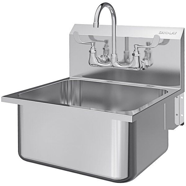 A stainless steel Sani-Lav wall-mounted hand sink with a faucet.