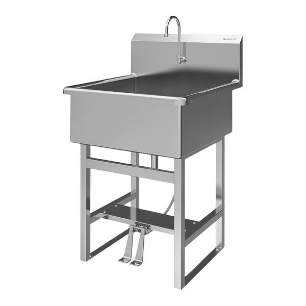 A large stainless steel floor-mounted Sani-Lav utility sink with a double foot-operated faucet.