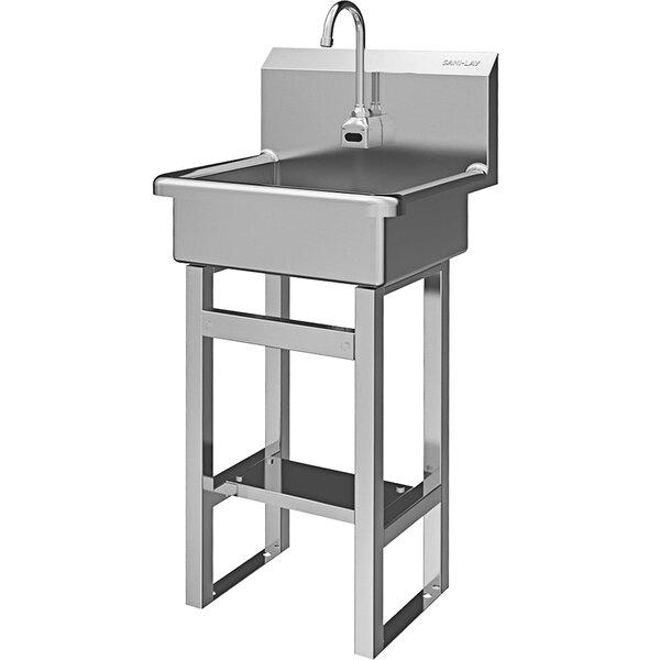 A Sani-Lav stainless steel floor-mounted utility sink with a battery-powered sensor faucet.