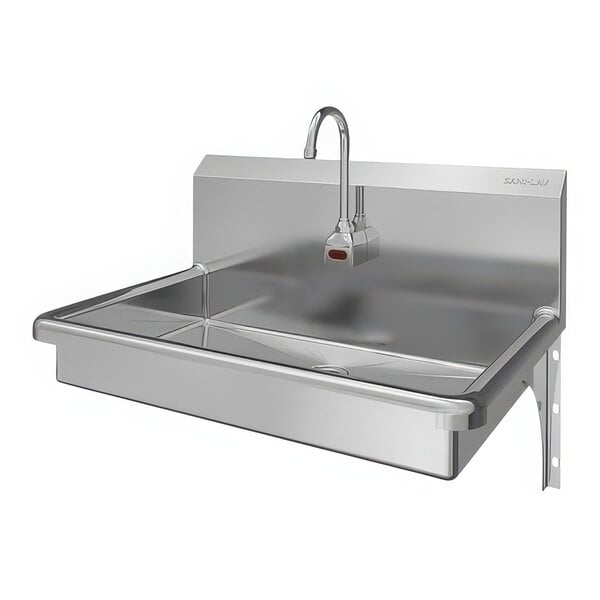 A Sani-Lav stainless steel wall-mounted sink with faucet.