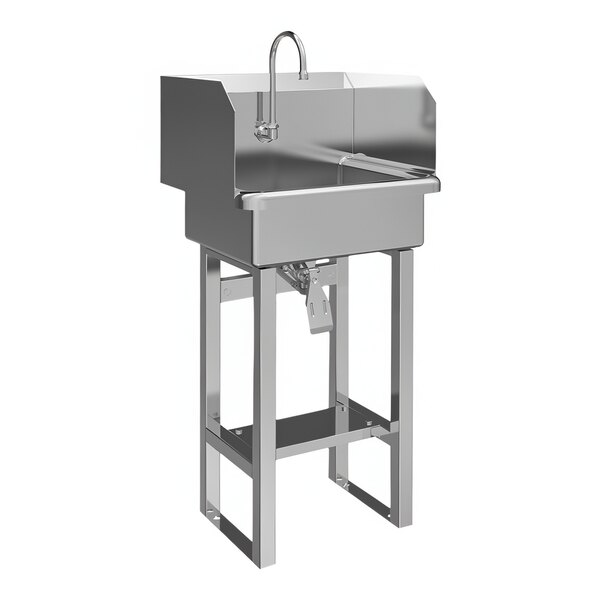 A stainless steel Sani-Lav utility sink on a metal stand with a faucet.