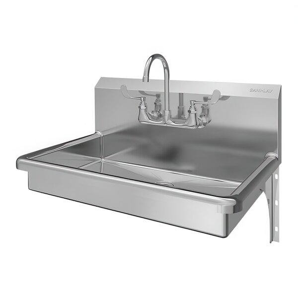 A Sani-Lav stainless steel wall-mounted hand sink with faucet.
