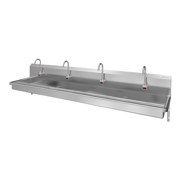 A Sani-Lav stainless steel wall-mounted multi-station sink with four faucets.