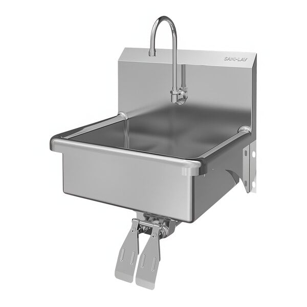 A white stainless steel wall-mounted Sani-Lav utility sink with a double knee-operated faucet.