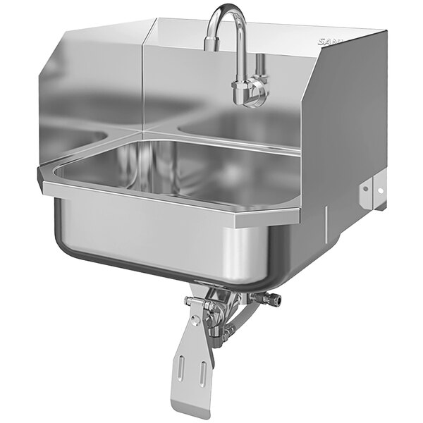 A stainless steel Sani-Lav wall-mounted sink with a knee-operated faucet.