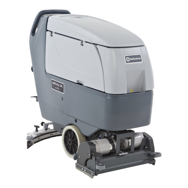 An Advance Adfinity X20C floor scrubber machine with wheels, grey and silver in color.