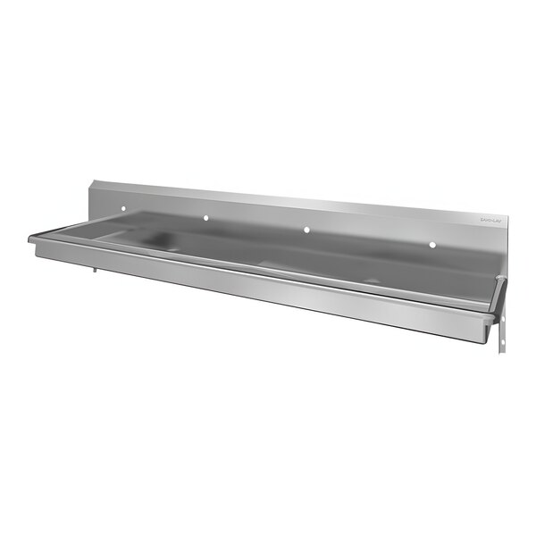 A Sani-Lav wall-mounted stainless steel utility sink with 4 faucet holes.