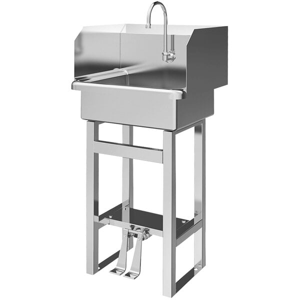 A Sani-Lav stainless steel floor-mounted sink with double foot pedals on a stand.