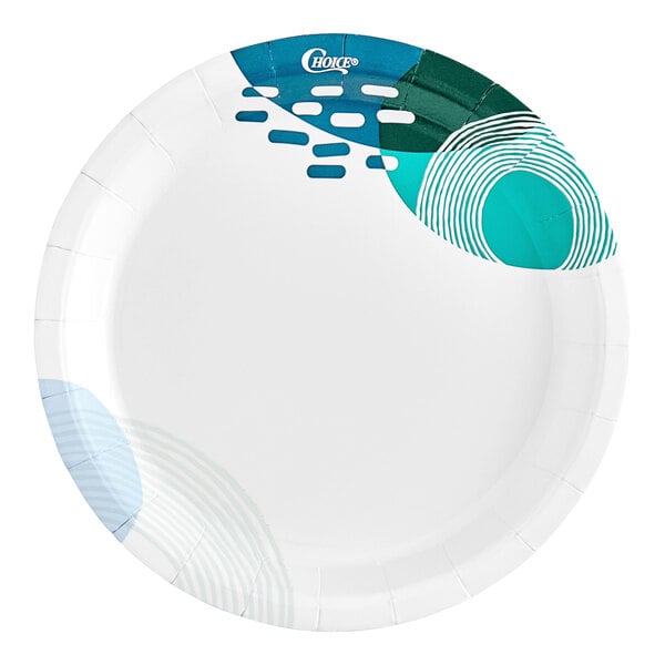 A close-up of a Choice paper plate with a blue and white circle design.