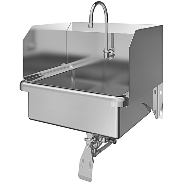 A stainless steel Sani-Lav wall-mounted utility sink with a knee-operated faucet.