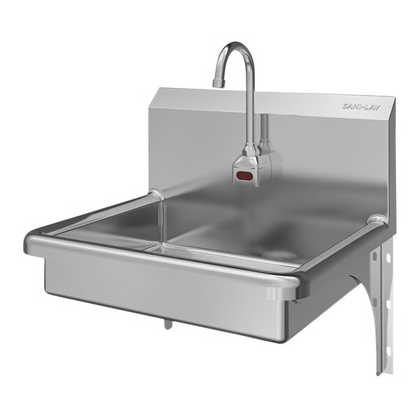 A Sani-Lav stainless steel wall-mounted hands-free sink with a battery-powered sensor faucet.