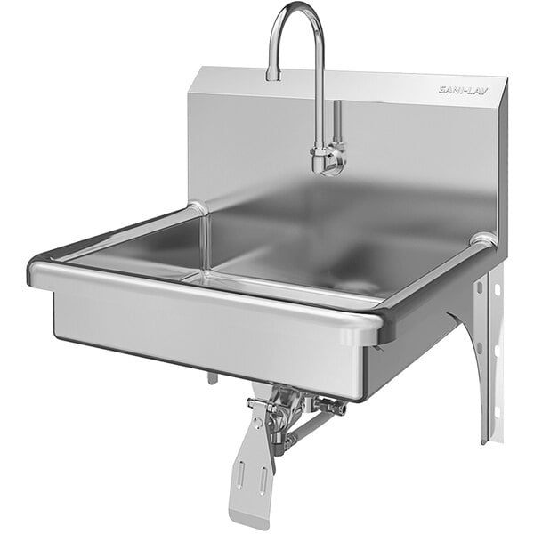 A Sani-Lav stainless steel wall-mounted utility sink with a knee-operated faucet.