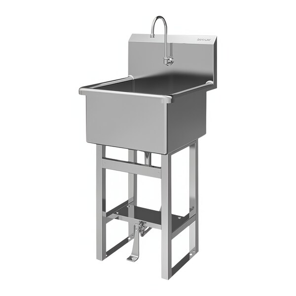 A stainless steel floor-mounted Sani-Lav utility sink with a foot-operated faucet.