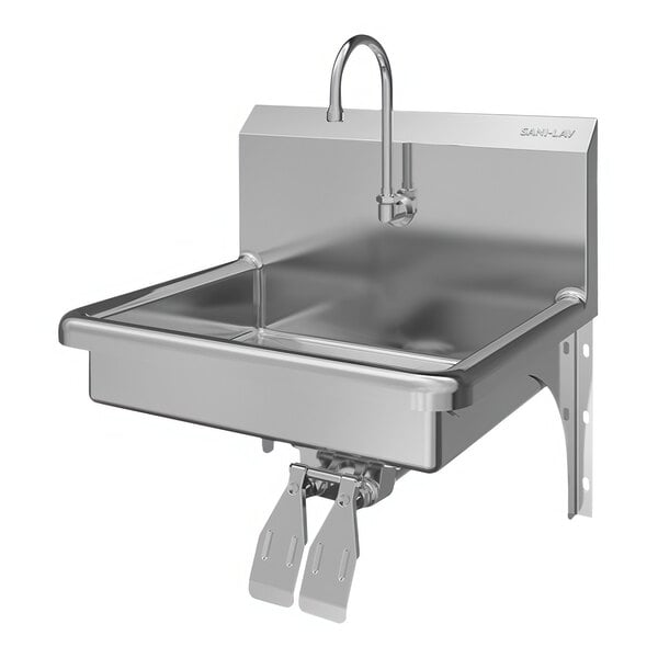 A Sani-Lav stainless steel wall-mounted sink with a double knee-operated faucet.