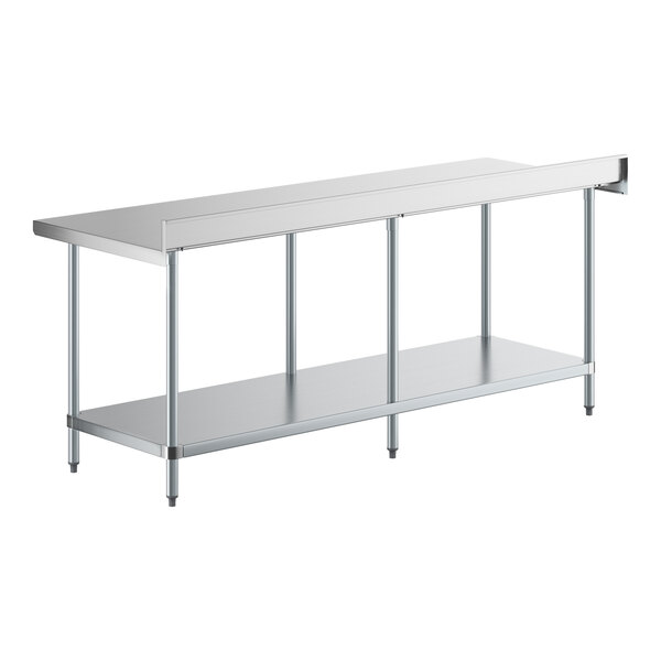 A long stainless steel work table with a lower shelf, four supporting legs, and a raised backsplash along the back edge.
