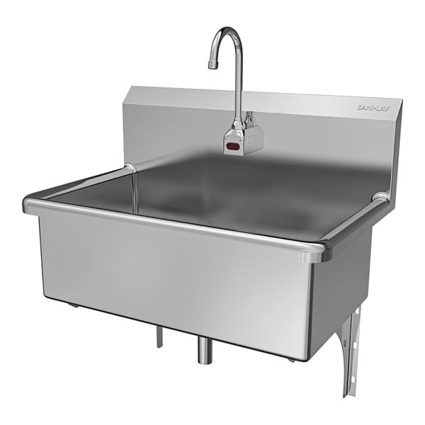 A Sani-Lav stainless steel wall-mounted scrub sink with a faucet.