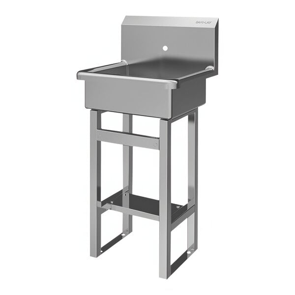 A Sani-Lav stainless steel floor-mounted hand sink on a stand.