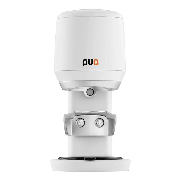 A white PUQpress Mini automatic espresso tamper with a round base.
