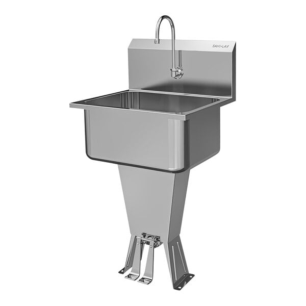 A stainless steel Sani-Lav floor-mounted utility sink with a double foot-operated faucet.