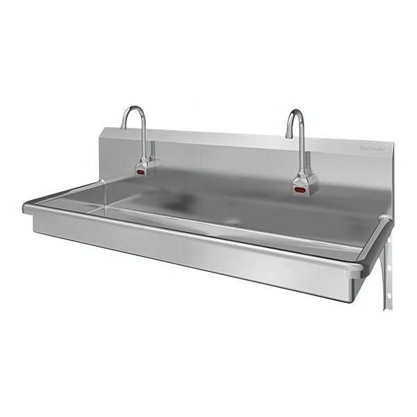 A Sani-Lav stainless steel wall-mounted multi-station utility sink with 2 sensor faucets.